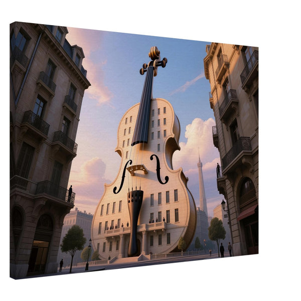 Wandbild Gigantische Violine in der Stadt auf Leinwand