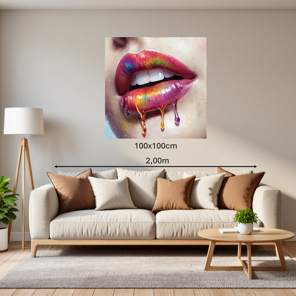 Poster Wandbild 100x100 cm Lebendige Lippen mit Farbträumen Quadrat