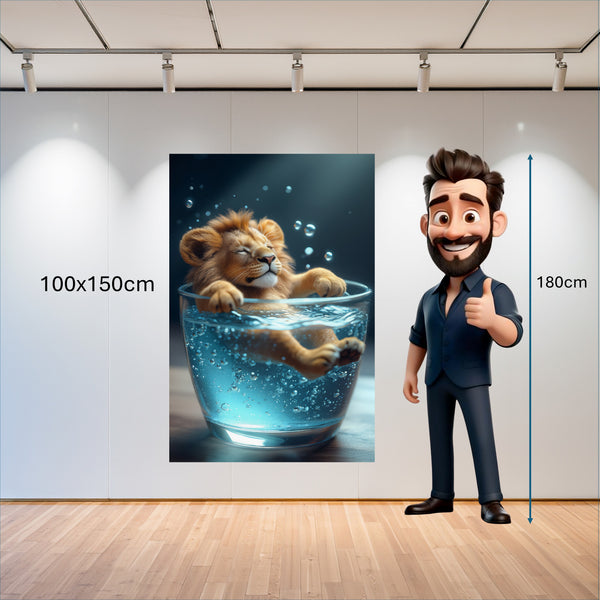 Poster Wandbild 100x150 cm Entspanntes Löwenbaby im Glas Hochformat