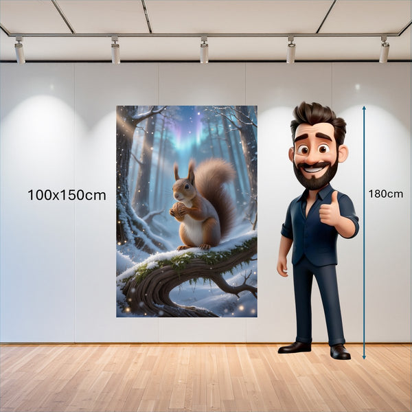 Poster Wandbild 100x150 cm Verspieltes Eichhörnchen im Winterwald Hochformat