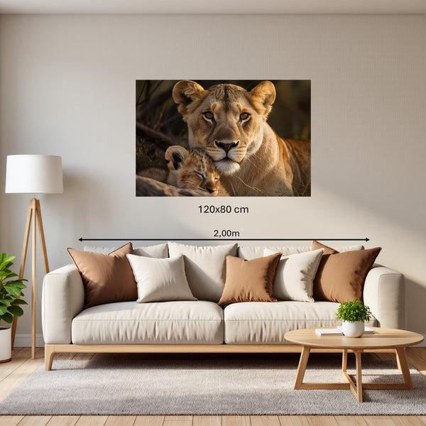 Poster Wandbild 120x80 cm Löwenmutter mit Jungtier Querformat