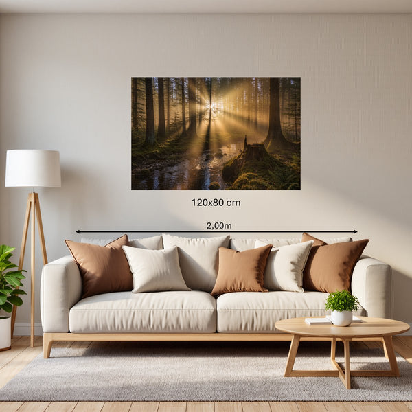 Poster Wandbild 120x80 cm Mystischer Wald mit Sonnenstrahlen Querformat
