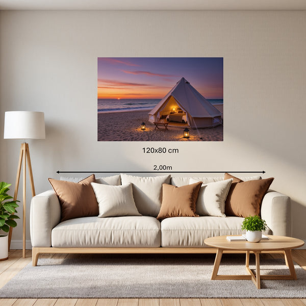 Poster Wandbild 120x80 cm Romantisches Strandzelt bei Sonnenuntergang B-00019 Querformat