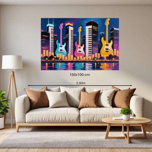 Poster Wandbild 150x100 cm Bunte Gitarren in der Stadt Querformat