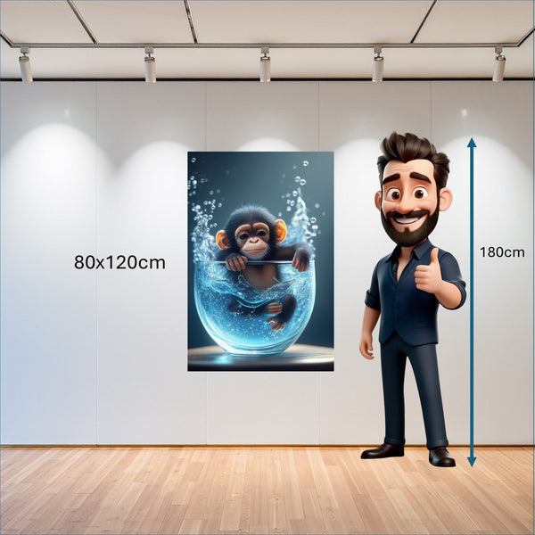 Poster Wandbild 80x120 cm Verspielter Schimpanse im Wasser Hochformat