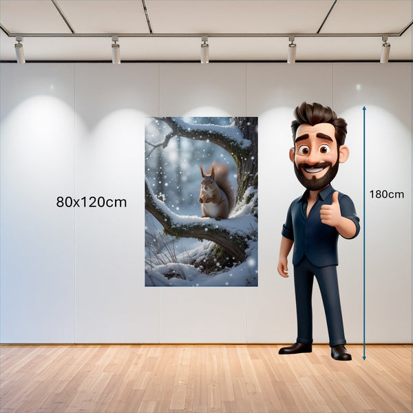 Poster Wandbild 80x120 cm Winterliche Eichhörnchenfreude Hochformat