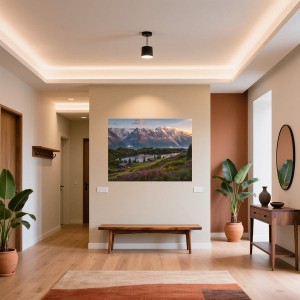 Poster Wandbild Alpenlandschaft bei Sonnenuntergang fuer Flur und Eingang warmeFarben Querformat