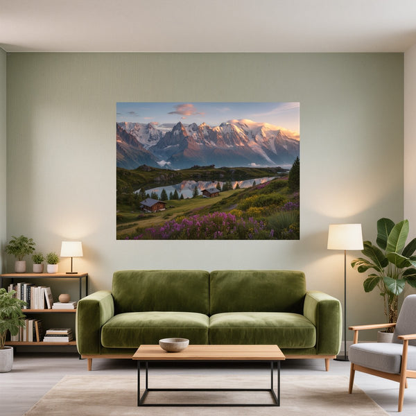 Poster Wandbild Alpenlandschaft bei Sonnenuntergang fuer Wohnzimmer gruen Querformat