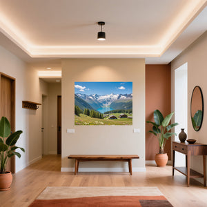 Poster Wandbild Alpenlandschaft mit blühenden Wiesen fuer Flur und Eingang warmeFarben Querformat