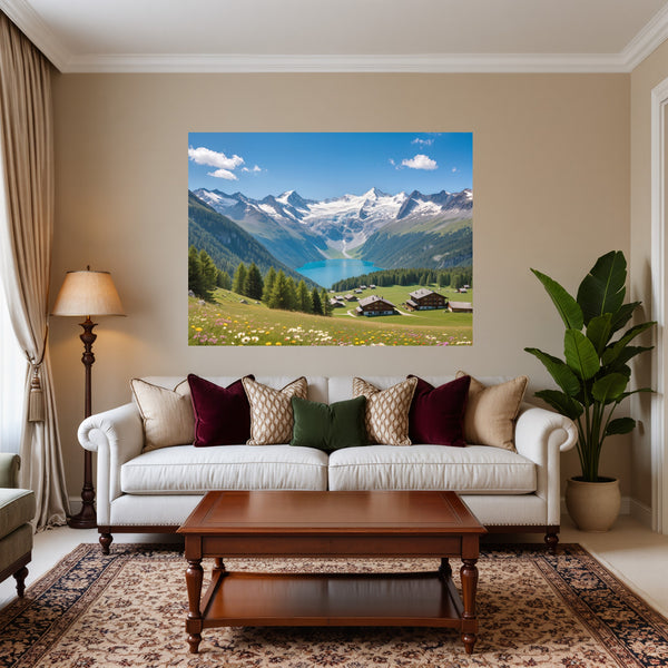 Poster Wandbild Alpenlandschaft mit blühenden Wiesen fuer Wohnzimmer warmeFarben Querformat