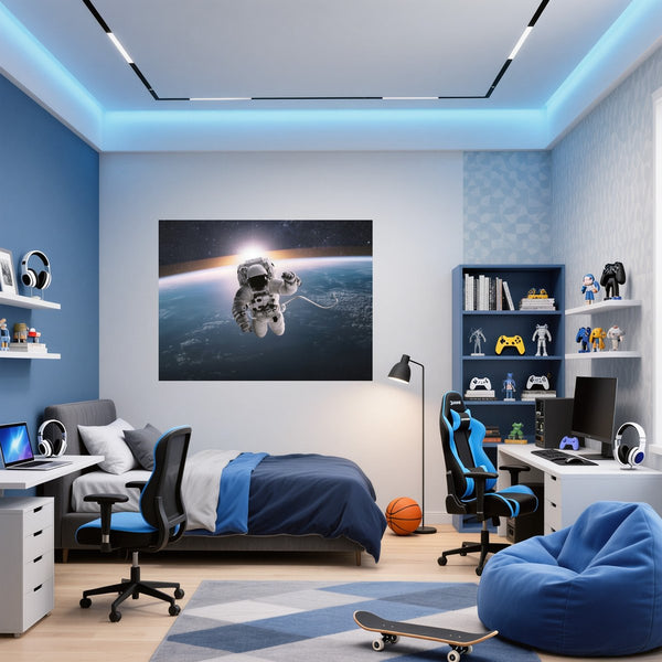 Poster Wandbild Astronaut im Weltall fuer Jugendzimmer blau Querformat