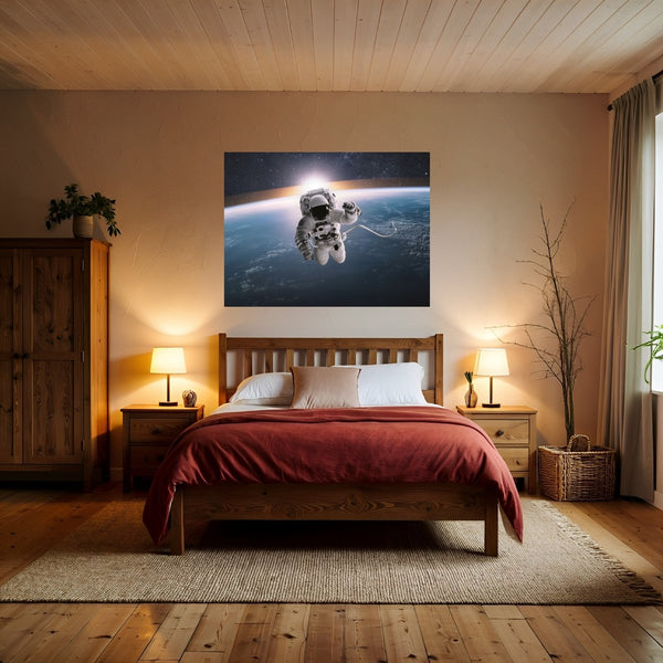 Poster Wandbild Astronaut im Weltall fuer Schlafzimmer warmeFarben Querformat