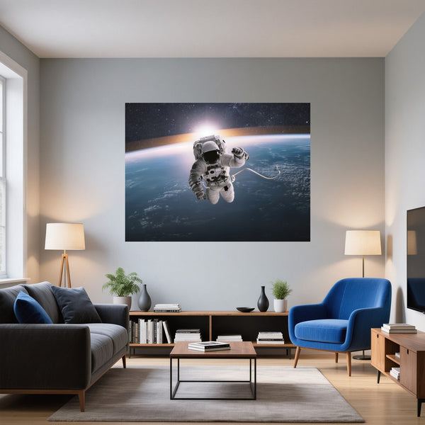 Poster Wandbild Astronaut im Weltall fuer Wohnzimmer blau Querformat