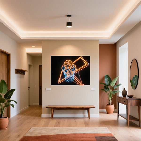 Poster Wandbild Basketball im Neonlicht fuer Flur und Eingang warmeFarben Querformat