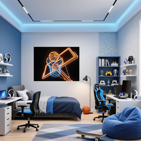 Poster Wandbild Basketball im Neonlicht fuer Jugendzimmer blau Querformat