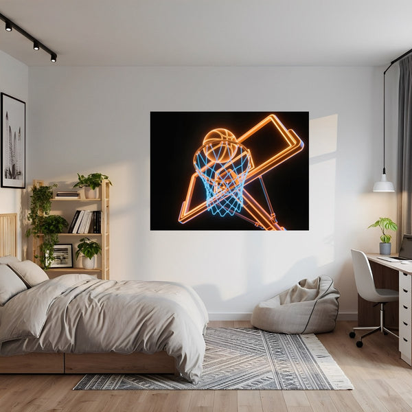 Poster Wandbild Basketball im Neonlicht fuer Jugendzimmer grauoderbeige Querformat