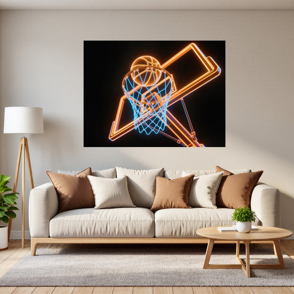 Poster Wandbild Basketball im Neonlicht fuer Wohnzimmer grauoderbeige Querformat