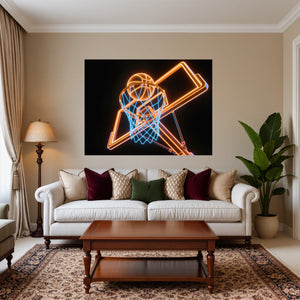 Poster Wandbild Basketball im Neonlicht fuer Wohnzimmer warmeFarben Querformat