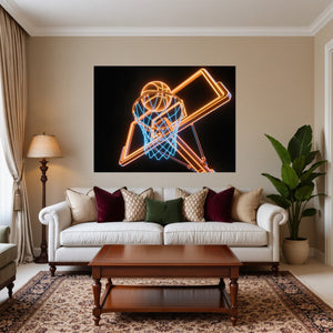 Poster Wandbild Basketball im Neonlicht fuer Wohnzimmer warmeFarben Querformat