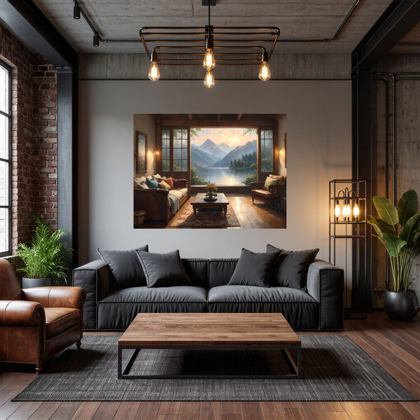 Poster Wandbild Bergblick im Wohnzimmer fuer Wohnzimmer dunkelanthrazit Querformat