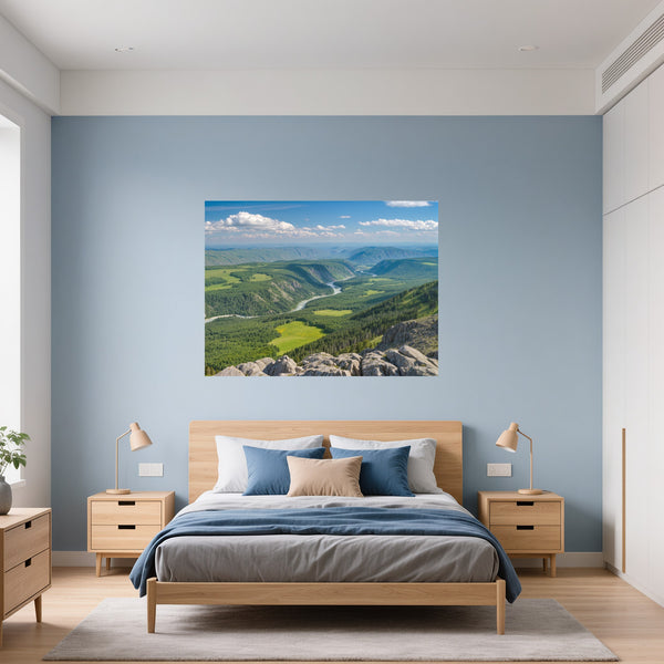 Poster Wandbild Berglandschaft im Sommer fuer Schlafzimmer blau Querformat