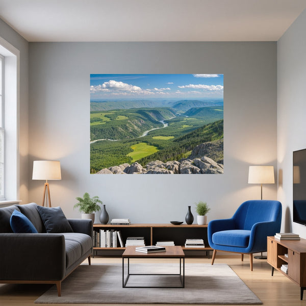 Poster Wandbild Berglandschaft im Sommer fuer Wohnzimmer blau Querformat