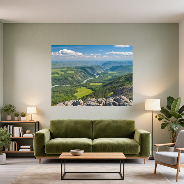 Poster Wandbild Berglandschaft im Sommer fuer Wohnzimmer gruen Querformat