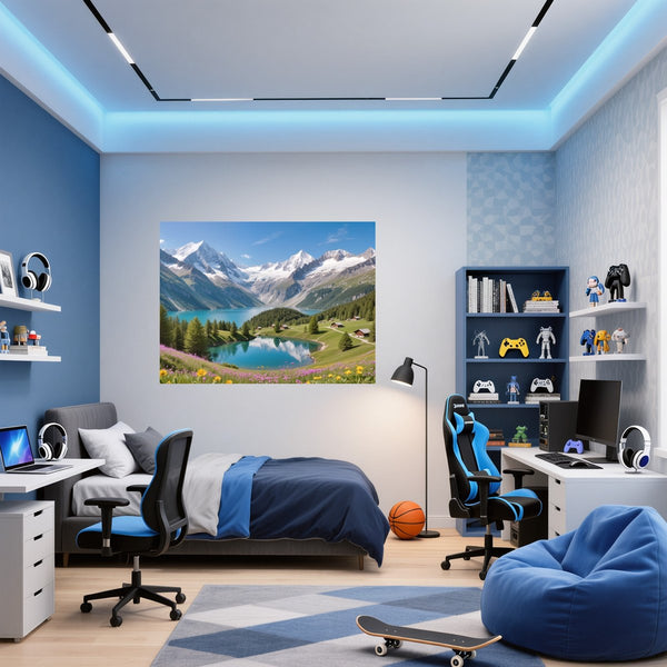 Poster Wandbild Berglandschaft mit See fuer Jugendzimmer blau Querformat
