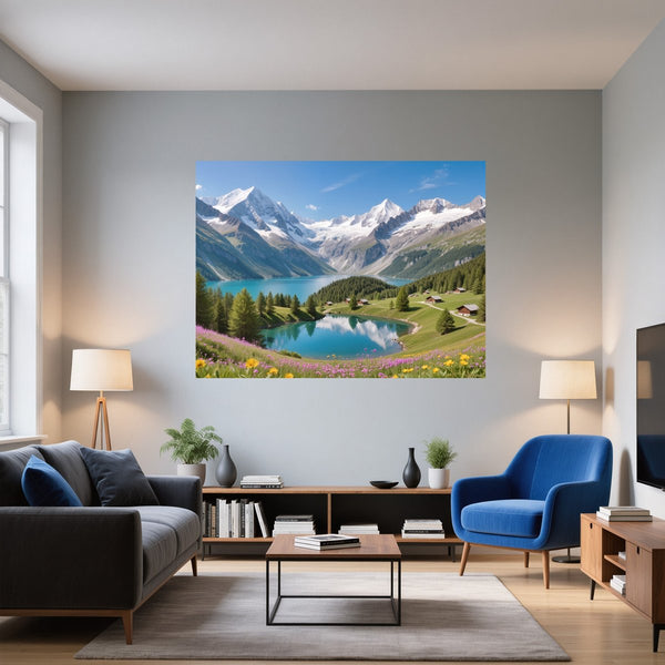 Poster Wandbild Berglandschaft mit See fuer Wohnzimmer blau Querformat