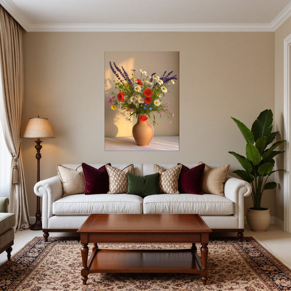 Poster Wandbild Blühende Farbenpracht fuer Wohnzimmer warmeFarben Hochformat