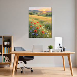 Poster Wandbild Blühende Wiesen im Sonnenuntergang fuer Buero und Arbeitszimmer warmeFarben Hochformat