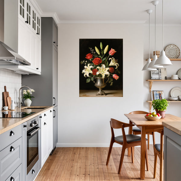 Poster Wandbild Blütenzauber im Silberbecher fuer Kueche und Esszimmer grauoderbeige Hochformat