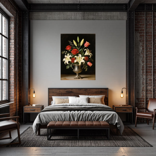 Poster Wandbild Blütenzauber im Silberbecher fuer Schlafzimmer dunkelanthrazit Hochformat