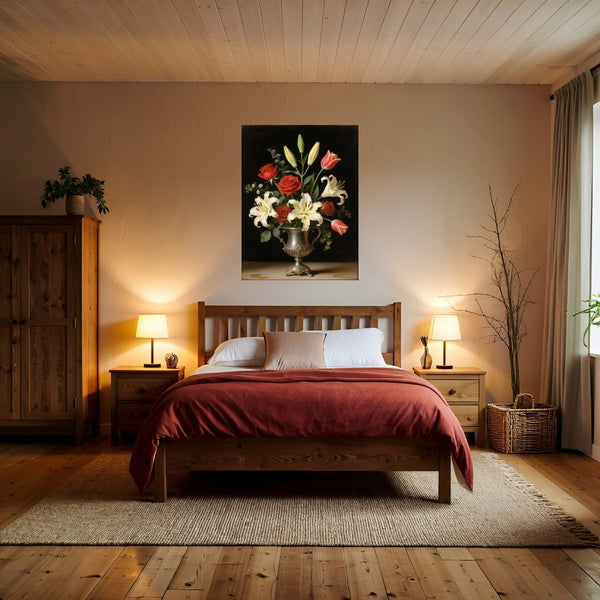 Poster Wandbild Blütenzauber im Silberbecher fuer Schlafzimmer warmeFarben Hochformat
