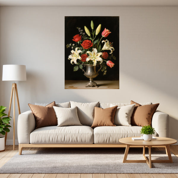 Poster Wandbild Blütenzauber im Silberbecher fuer Wohnzimmer grauoderbeige Hochformat