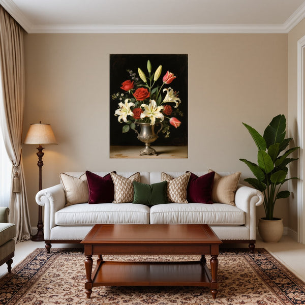 Poster Wandbild Blütenzauber im Silberbecher fuer Wohnzimmer warmeFarben Hochformat