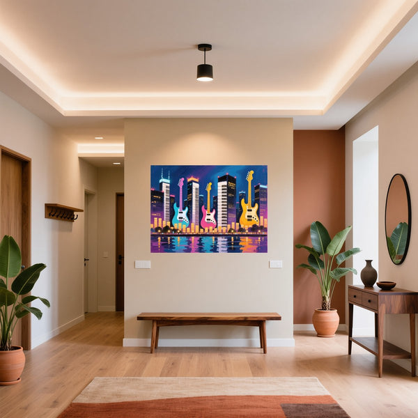 Poster Wandbild Bunte Gitarren in der Stadt fuer Flur und Eingang warmeFarben Querformat