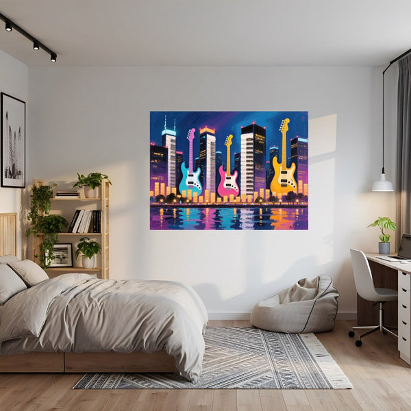 Poster Wandbild Bunte Gitarren in der Stadt fuer Jugendzimmer grauoderbeige Querformat
