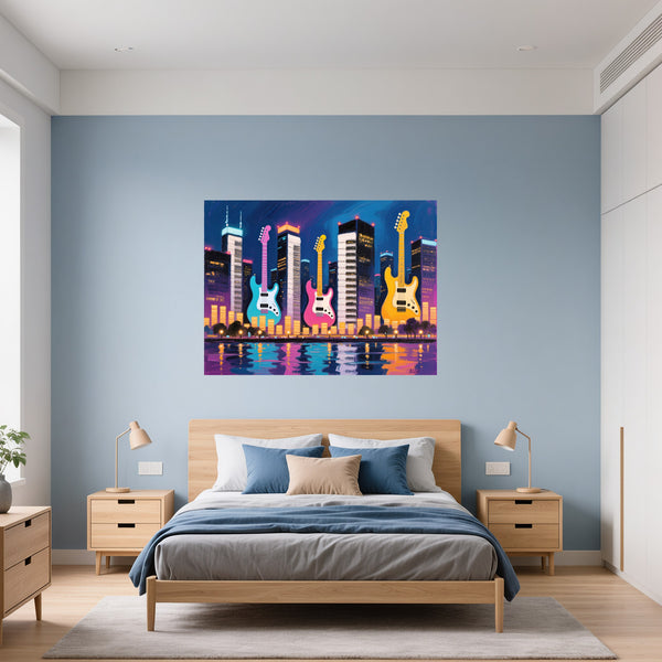Poster Wandbild Bunte Gitarren in der Stadt fuer Schlafzimmer blau Querformat