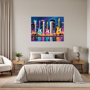 Poster Wandbild Bunte Gitarren in der Stadt fuer Schlafzimmer grauoderbeige Querformat