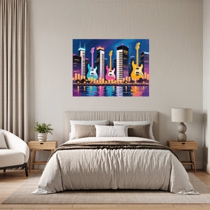 Poster Wandbild Bunte Gitarren in der Stadt fuer Schlafzimmer grauoderbeige Querformat