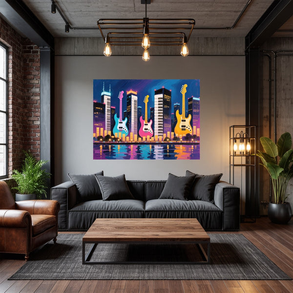 Poster Wandbild Bunte Gitarren in der Stadt fuer Wohnzimmer dunkelanthrazit Querformat