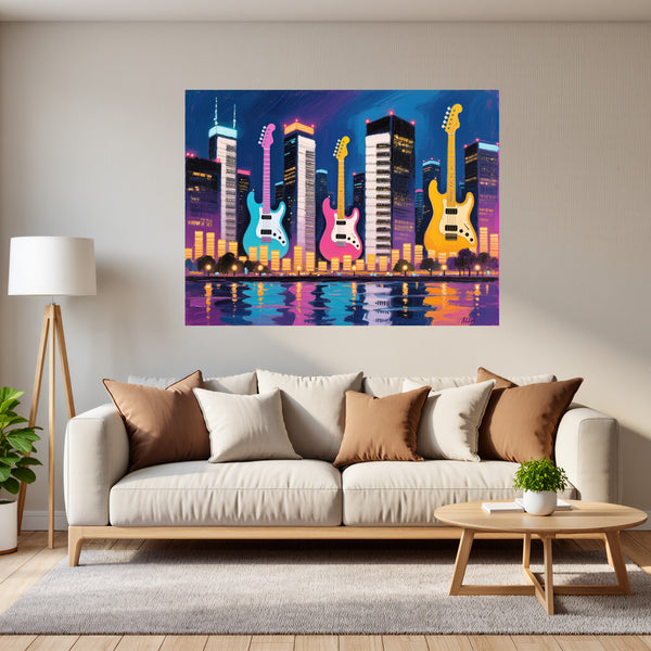Poster Wandbild Bunte Gitarren in der Stadt fuer Wohnzimmer grauoderbeige Querformat