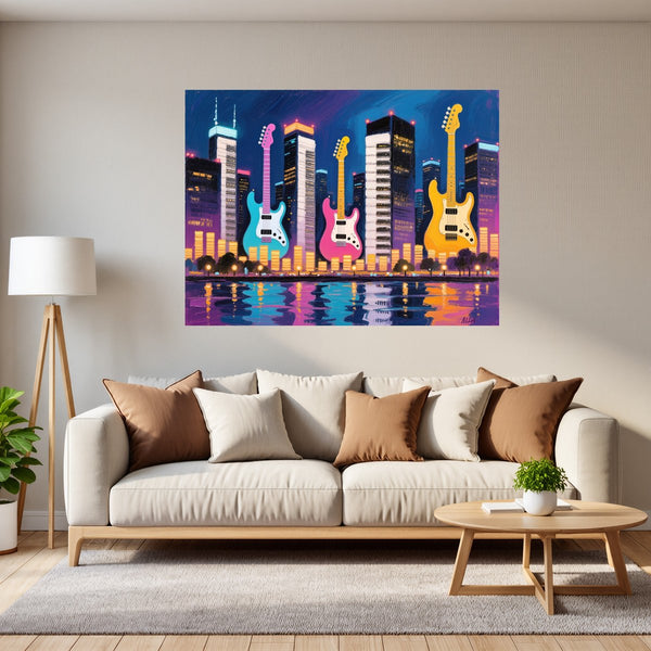 Poster Wandbild Bunte Gitarren in der Stadt fuer Wohnzimmer grauoderbeige Querformat