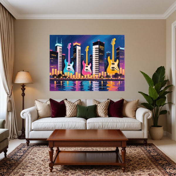 Poster Wandbild Bunte Gitarren in der Stadt fuer Wohnzimmer warmeFarben Querformat