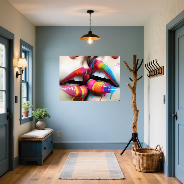 Poster Wandbild Bunte Lippenkunst B-00028 fuer Flur und Eingang blau Querformat