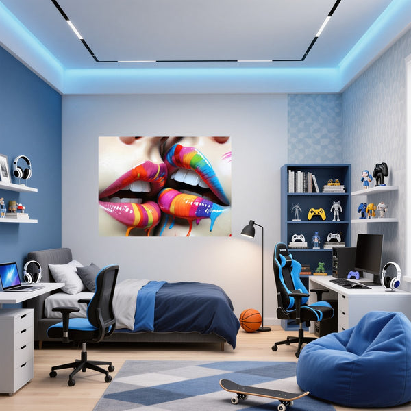 Poster Wandbild Bunte Lippenkunst B-00028 fuer Jugendzimmer blau Querformat
