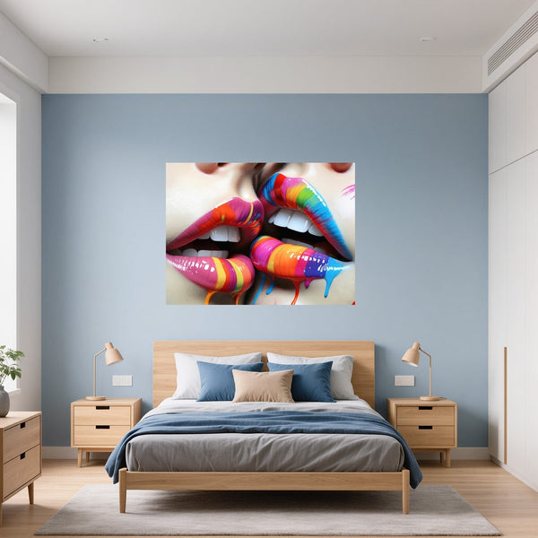 Poster Wandbild Bunte Lippenkunst B-00028 fuer Schlafzimmer blau Querformat