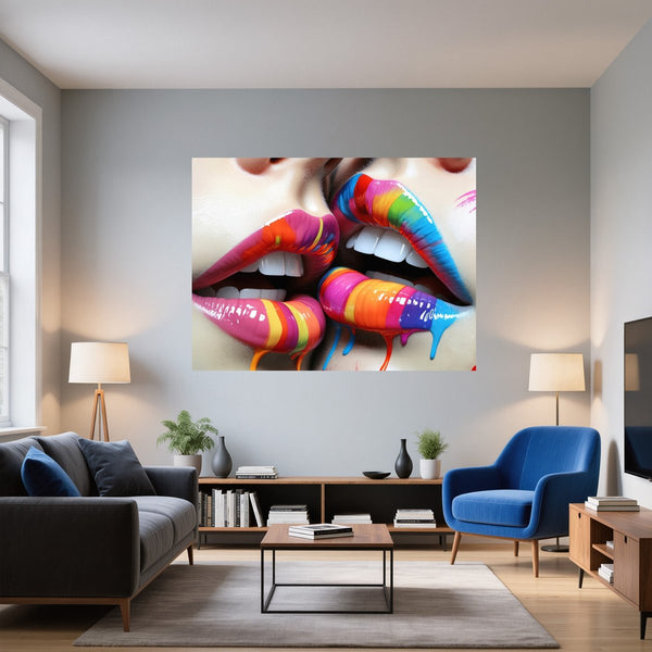 Poster Wandbild Bunte Lippenkunst B-00028 fuer Wohnzimmer blau Querformat