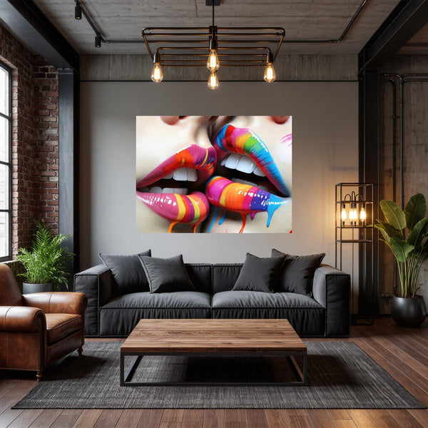 Poster Wandbild Bunte Lippenkunst B-00028 fuer Wohnzimmer dunkelanthrazit Querformat